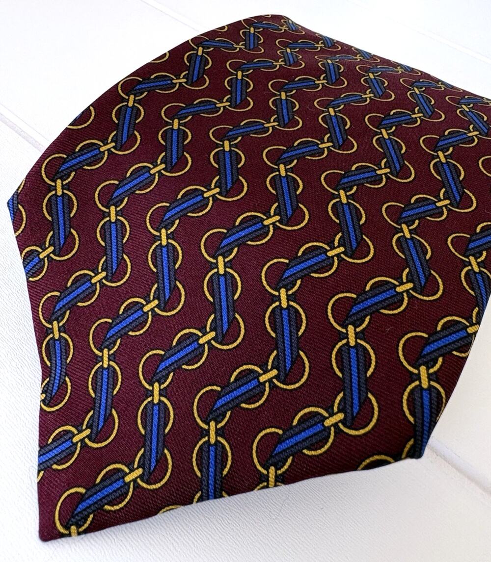 Ted Lapidus Silk Tie Made in USA Burgundy Blue Gold Chain Equestrian 3.75" 57" L